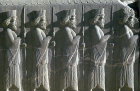 Iran, formerly Persia, Persepolis, capital of the Achaemenid Empire, detail of bas-relief on base of Tripylon Council Chamber showing Persian Guard